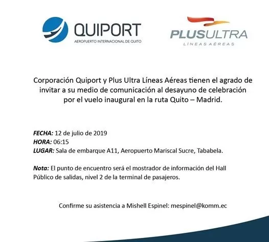 Desayuno y Ceremonia de inauguración de nueva ruta aérea Ecuador – España