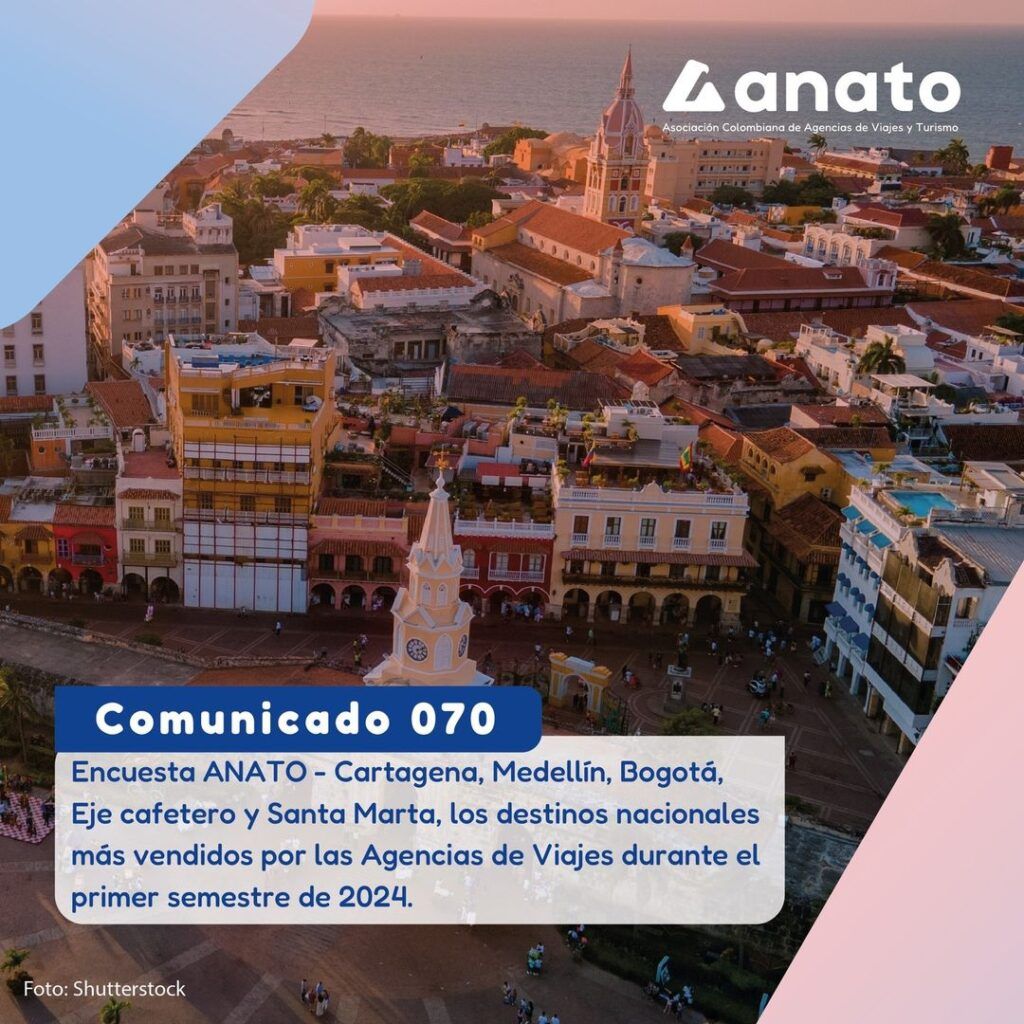 Encuesta ANATO-Colombia: Cartagena, Medellín, Bogotá, Eje cafetero y Santa Marta, los destinos nacionales más vendidos por las Agencias de Viajes durante el primer semestre de 2024
