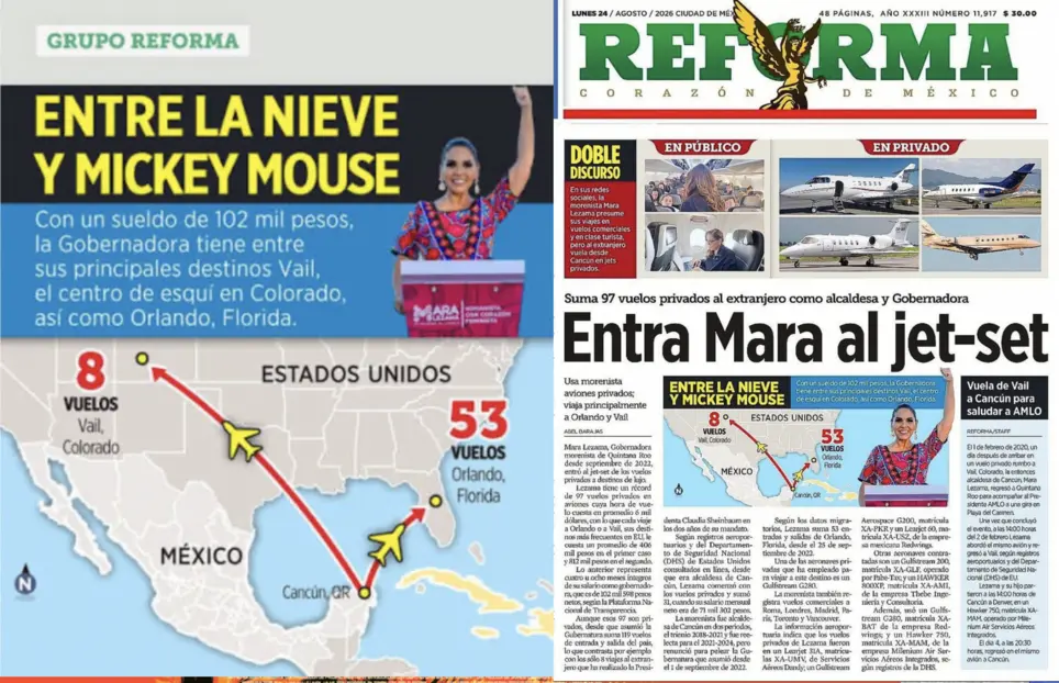 Mara Lezama y políticos suman vuelos privados según Reforma