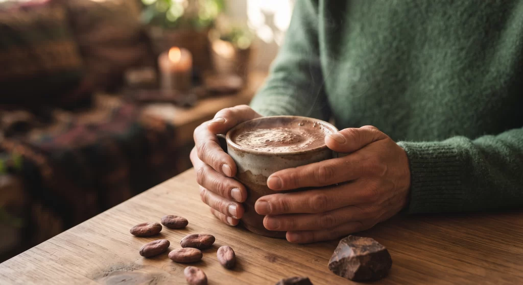 El cacao ritual, preparado como medicina líquida, nutre cuerpo y espíritu, convirtiéndose en un puente sagrado que reconecta al ser humano con la tierra.