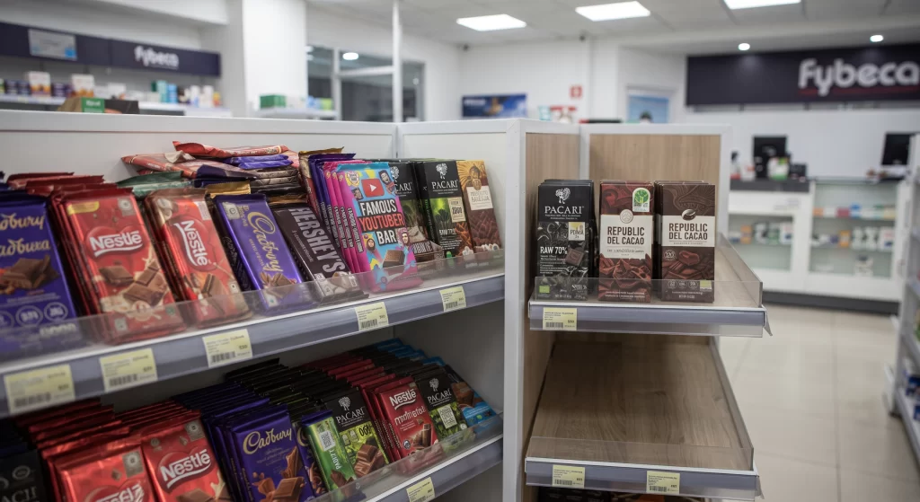 Farmacia en Ecuador abarrotados de barras de chocolate importadas y comerciales.